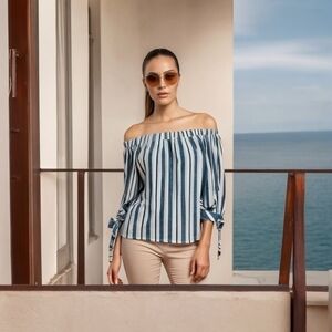 Women Top Velvet Torch Off Shoulder Blue White Stripes Knot Ties Sleeves Blouse
